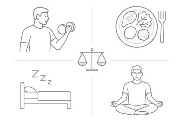 適度な運動・バランス食・良質睡眠・ストレス管理でホルモン調整イラスト