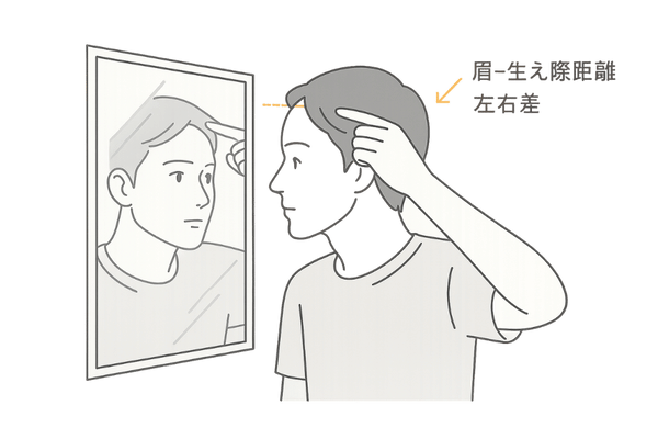 鏡で生え際をセルフチェックする男性|おでこの後退セルフチェック