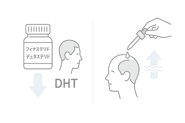 内服薬と外用薬の作用イメージ|フィナステリドとミノキシジル