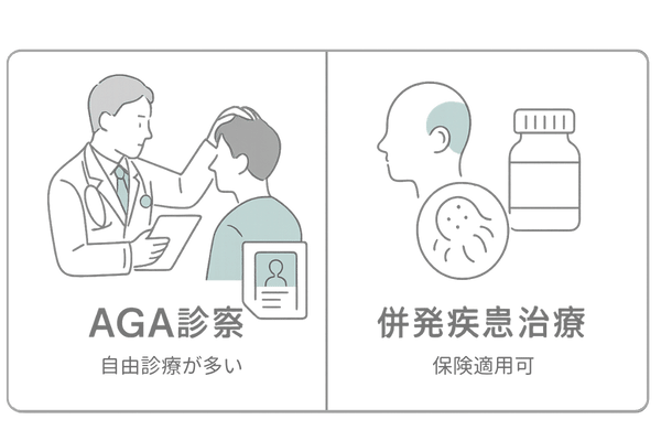 AGA診察と合併症治療の保険適用イメージ|医療機関での診察と併発疾患治療を示す横長イラスト