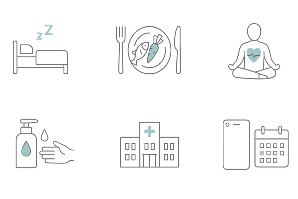円形脱毛症の予防・再発対策イラスト:睡眠・食事・ストレス管理・頭皮ケア・定期受診・セルフチェック