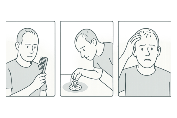 男性がブラシや洗髪後の抜け毛を確認している様子