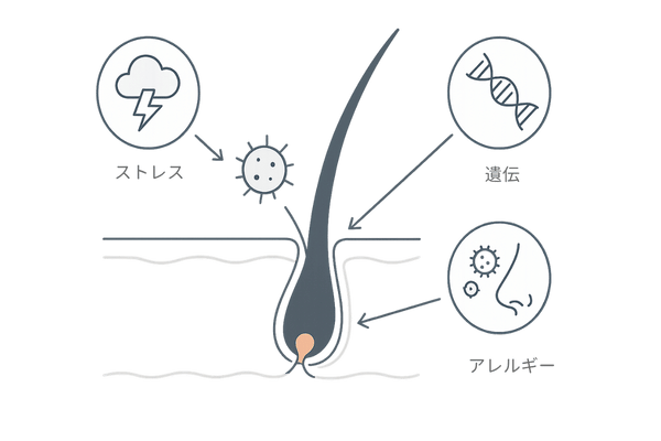円形脱毛症の原因図解|自己免疫とストレス・遺伝・アレルギーの関与(頭皮断面イラスト)