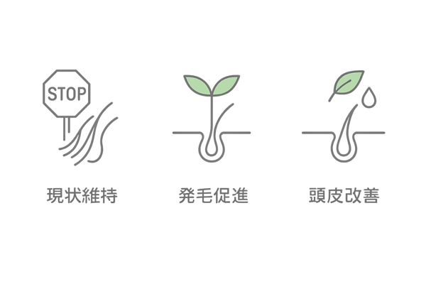 はげ対策薬の3つの目的を示すアイコンイラスト