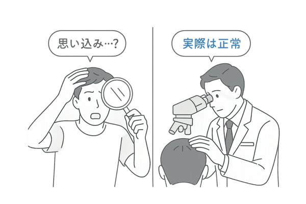 思い込みと現実のギャップを可視化|つむじはげ誤認の心理イラスト