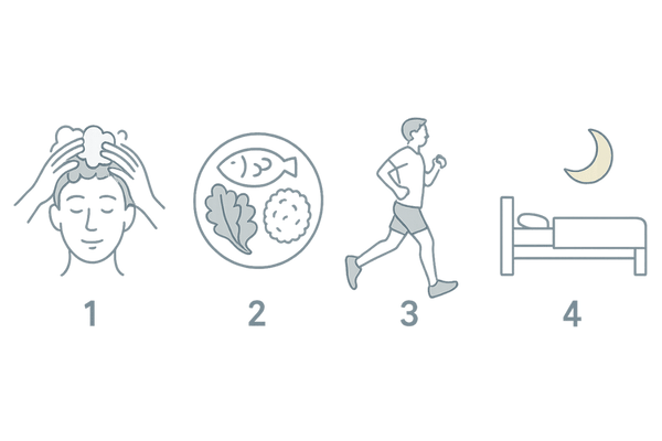 つむじはげ進行を防ぐ4つの日常対策(洗髪・栄養・運動・睡眠)イラスト