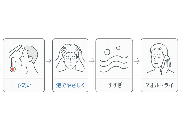正しいシャンプー手順(予洗い→やさしく洗う→すすぎ→タオルドライ)|フケ対策の洗い方ガイド