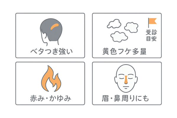 脂漏性皮膚炎が疑われるサイン(ベタつき・黄色フケ多量・赤みかゆみ・眉鼻周り)|受診検討の目安イラスト