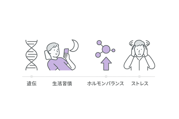 若年性薄毛を招く主な4要因（遺伝・生活習慣・ホルモン・ストレス）