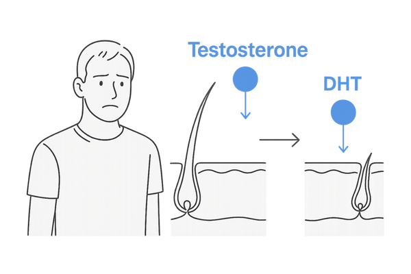 男性ホルモン(テストステロンやDHT)が毛髪に作用して脱毛を招く様子