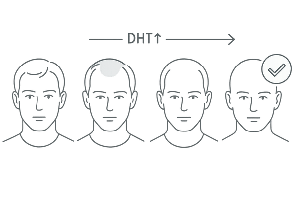 AGA進行パターンとDHT影響イラスト(M字・O字・U字・全体型)