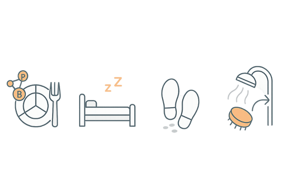 薄毛予防に役立つ日常生活のポイント|食事・睡眠・運動・頭皮ケアの4アイコン