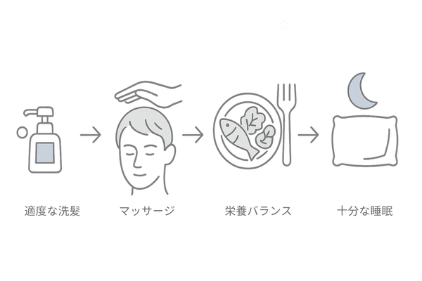 頭皮ケアと生活習慣改善の4ステップ(洗髪・マッサージ・栄養・睡眠)
