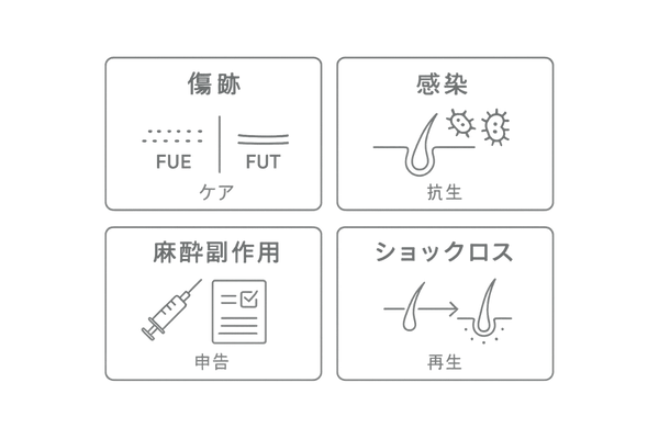植毛に伴う主なリスクと対策の図解（傷跡・感染・麻酔副作用・ショックロス）