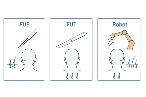 植毛の種類比較イラスト(FUE・FUT・ロボット支援の採取方法と傷痕の違いを横長3カードで図解)