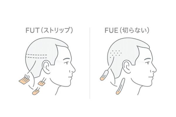 FUT法とFUE法の違い|生え際植毛の採取法・傷跡・ダウンタイム比較図
