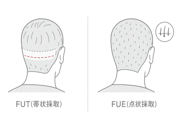 FUT法とFUE法の違い(採取方法・傷跡の比較イラスト)