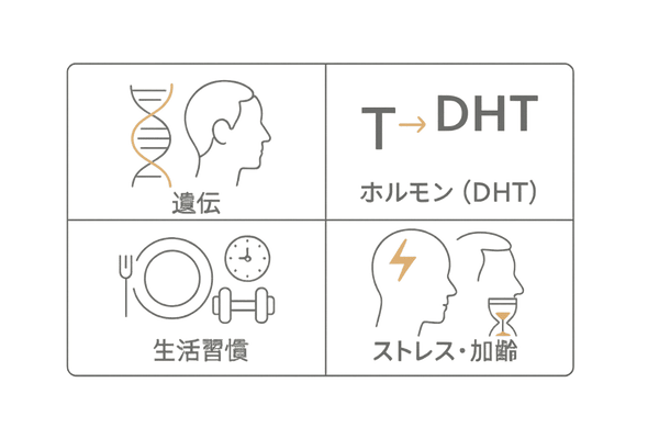 薄毛の原因を4分類で可視化(遺伝・ホルモン・生活習慣・ストレス)|男性向けAGA対策