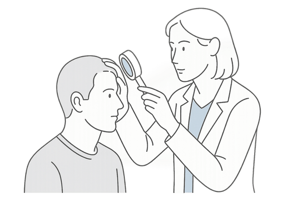 男性が皮膚科で頭皮検査を受ける様子
