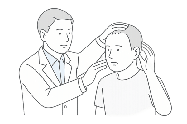 皮膚科医が男性の頭皮を問診・視診・触診している様子