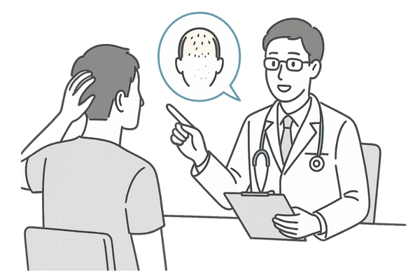 皮膚科医に頭皮の悩みを相談している男性のイラスト