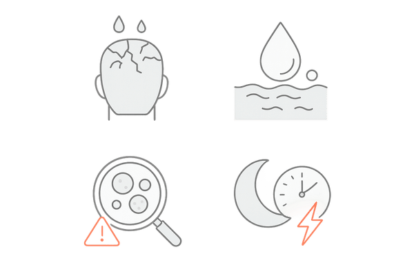 画像タイトル：頭皮のかゆみの主因アイコン（乾燥・脂漏性皮膚炎・真菌・生活習慣/ストレス）