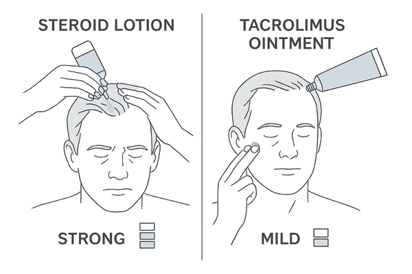 ステロイドとタクロリムス外用薬を比較する線画イラスト