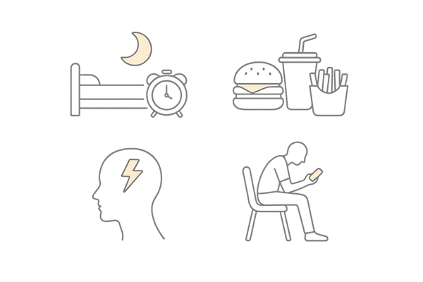 10代の抜け毛リスクを可視化|睡眠・食事・ストレス・長時間スマホの4要因イラスト