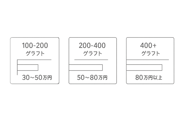 もみあげ植毛費用のグラフト数別比較イラスト