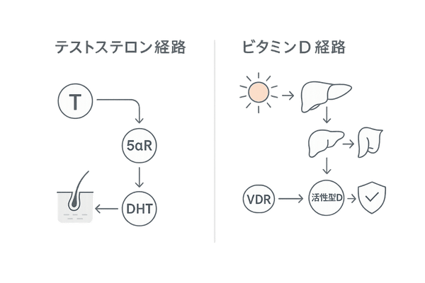 テストステロンとビタミンDの作用を左右レーンで比較したフロー(T→DHT/日光→VDR)