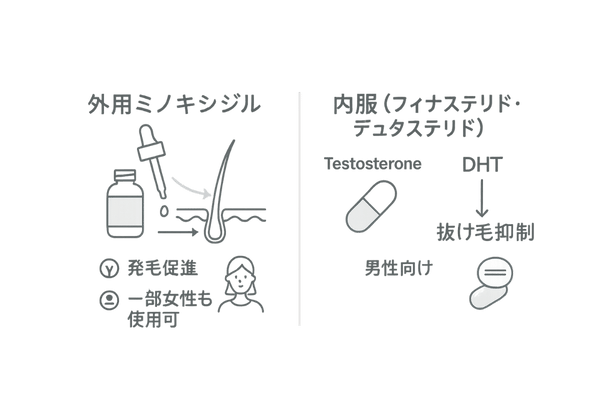 外用ミノキシジルと内服薬(フィナステリド/デュタステリド)の違い比較図
