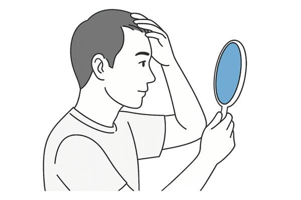 鏡で生え際の後退をチェックする男性