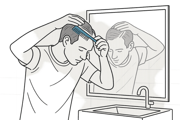 鏡を使って生え際と分け目をセルフチェックする男性