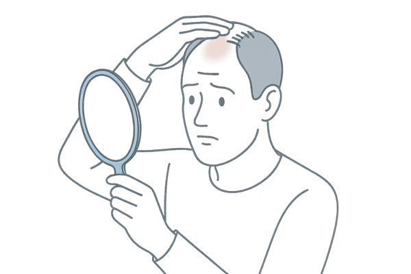 鏡で生え際と分け目を確認する男性