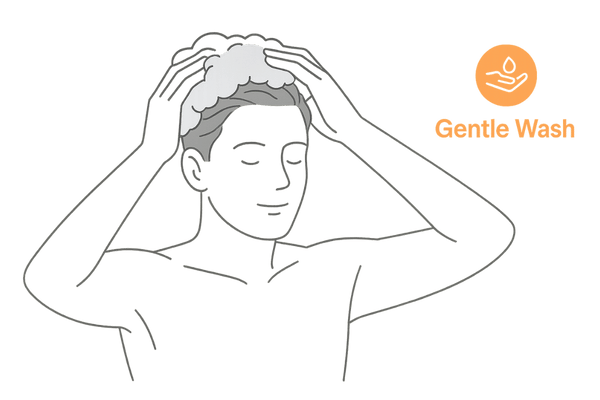 指の腹で優しく洗髪する男性の線画イラスト