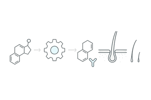 5αリダクターゼ→DHT→アンドロゲン受容体の作用機序図|ヘアサイクル短縮の流れ