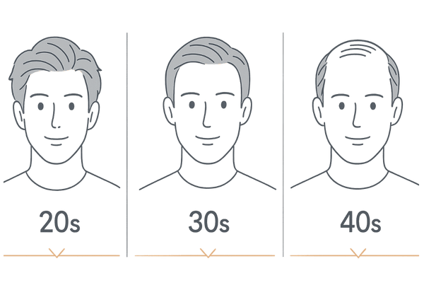 30代のAGA進行を年代別に俯瞰する比較イメージ(20代・30代・40代の薄毛傾向)