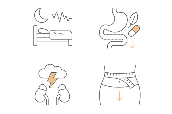 飲酒がテストステロンを下げる間接要因（睡眠・栄養・ストレス・肥満）アイコン図
