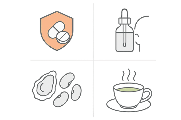 AGA治療の全体像：5αリダクターゼ阻害薬・ミノキシジル・栄養・緑茶の併用イメージ