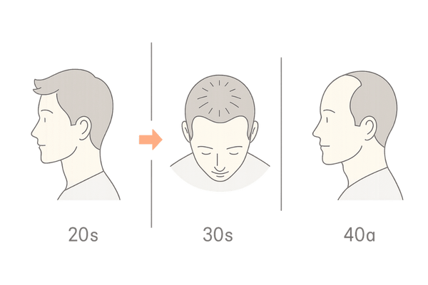 はげる年齢の平均と年代別AGA進行イメージ｜20代・30代・40代の比較図
