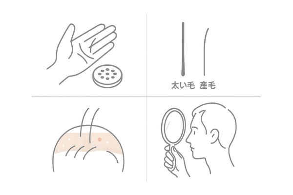 薄毛の初期症状セルフチェック｜抜け毛増加・細毛化・頭皮トラブル・生え際後退の図解