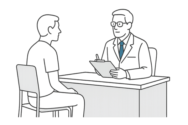 男性患者がクリニックで医師に薄毛治療相談をする線画イラスト