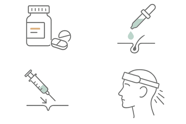 AGA治療法の比較アイコン｜内服薬・外用薬・注入治療・LED