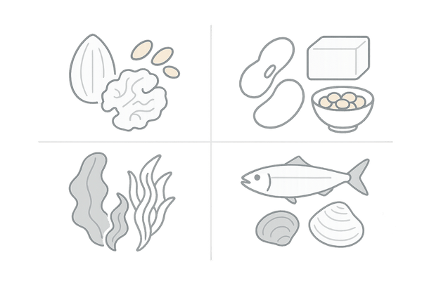 マグネシウムを多く含む食品（ナッツ・豆類・海藻・魚介）のアイコンまとめ