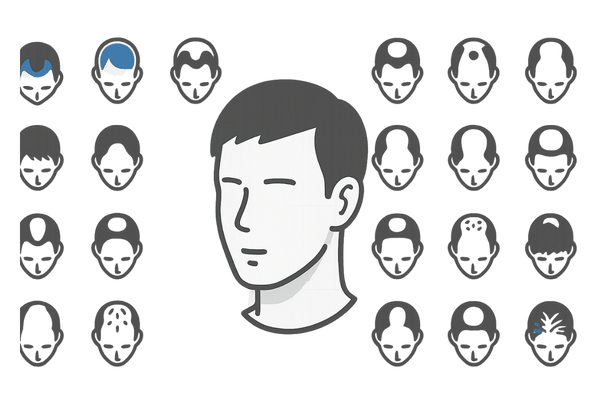 薄毛の主なタイプをアイコンで示した男性頭部イラスト