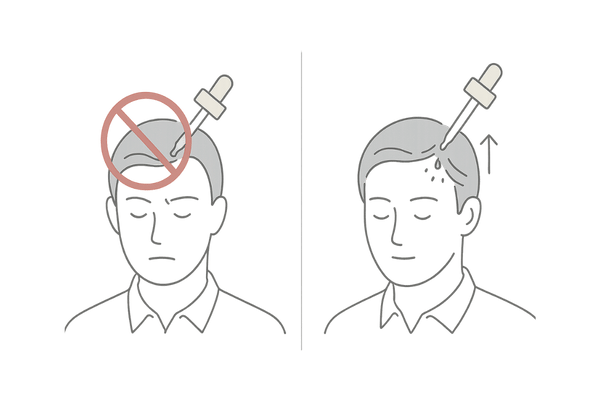 ミノキシジルは眉毛に塗らない注意イラスト（正しい頭皮塗布との比較）