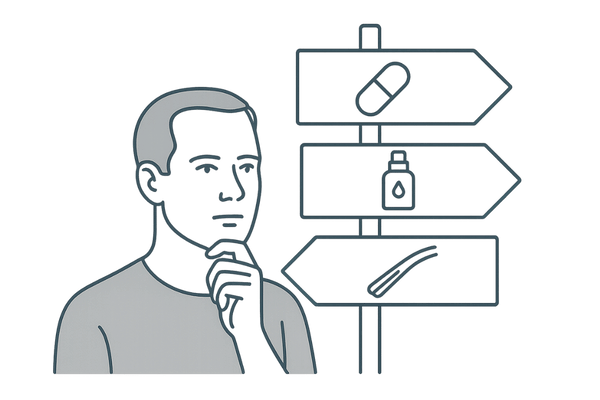 男性が複数の薄毛治療オプションを示す道標の前で選択に迷うイラスト