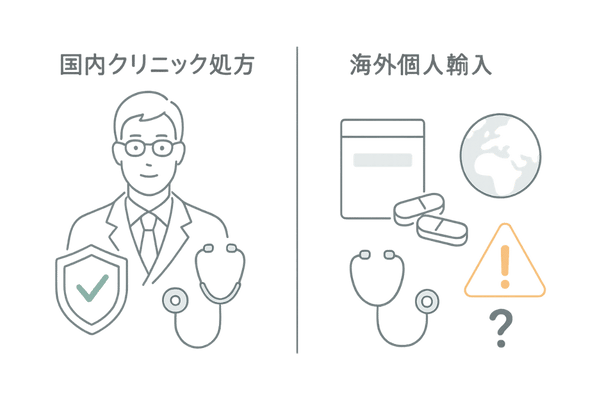 国内クリニック処方と海外個人輸入の安全性・信頼性の比較イラスト