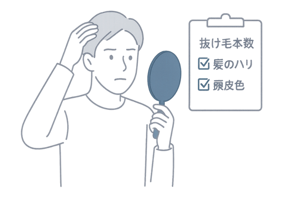 男性が鏡で髪を確認している様子