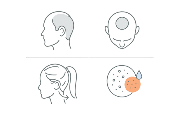 部分ハゲの原因4タイプ(AGA・円形脱毛症・牽引性・脂漏性皮膚炎)の図解イメージ